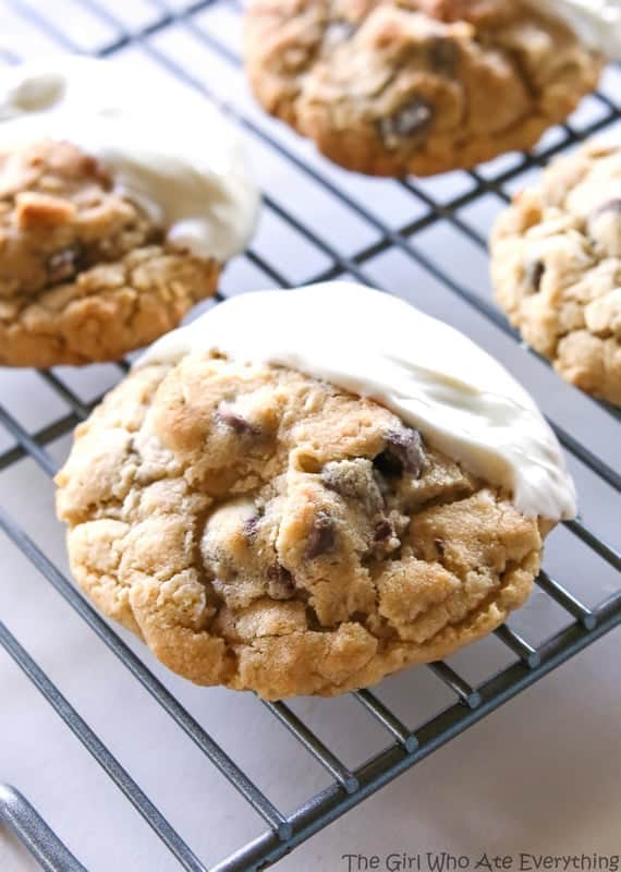 These bakery style cookies are full of chocolate chips and coconut. They have a crisp outside with a soft and chewy inside. the-girl-who-ate-everything.com