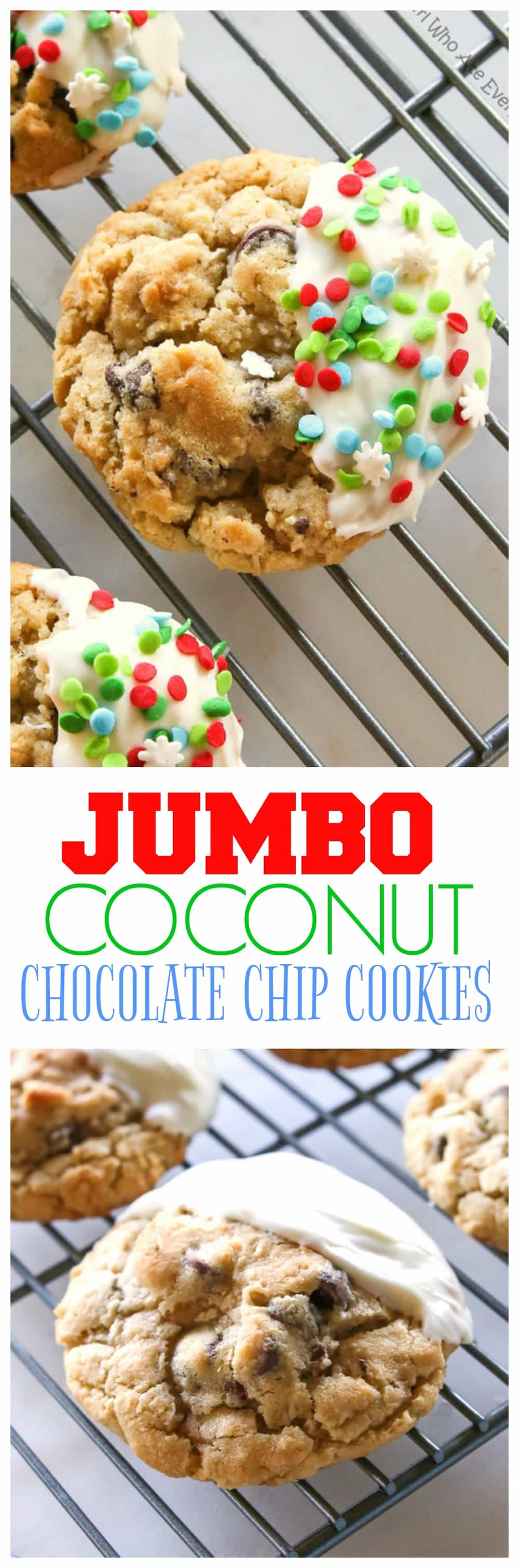 Jumbo Chocolate Chip Cookies - These bakery style cookies are full of chocolate chips and coconut. They have a crisp outside with a soft and chewy inside. #jumbo #coconut #chocolate #chip #cookies