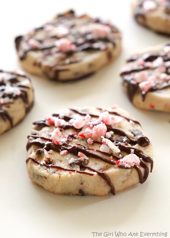 Peppermint Chocolate Chip Shortbread Cookies - a buttery cookie with mini chocolate chips and candy canes. the-girl-who-ate-everything.com