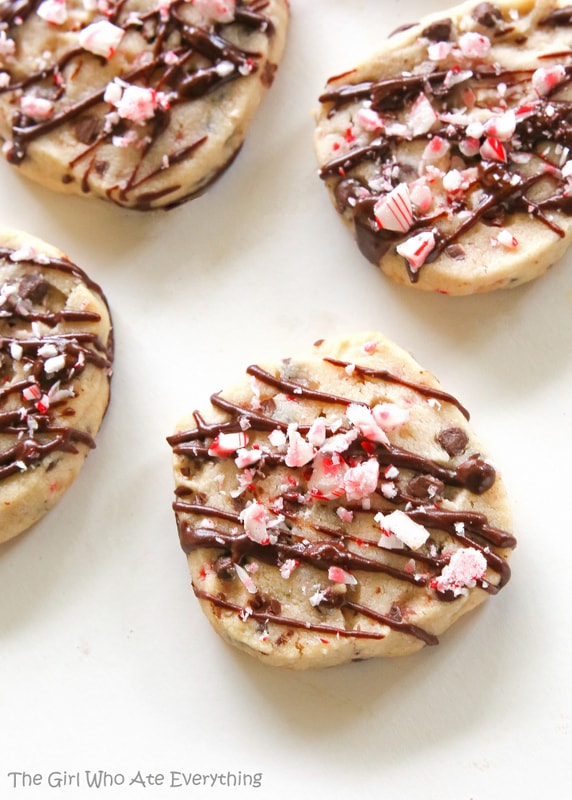 Peppermint Chocolate Chip Shortbread Cookies - a buttery cookie with mini chocolate chips and candy canes. the-girl-who-ate-everything.com
