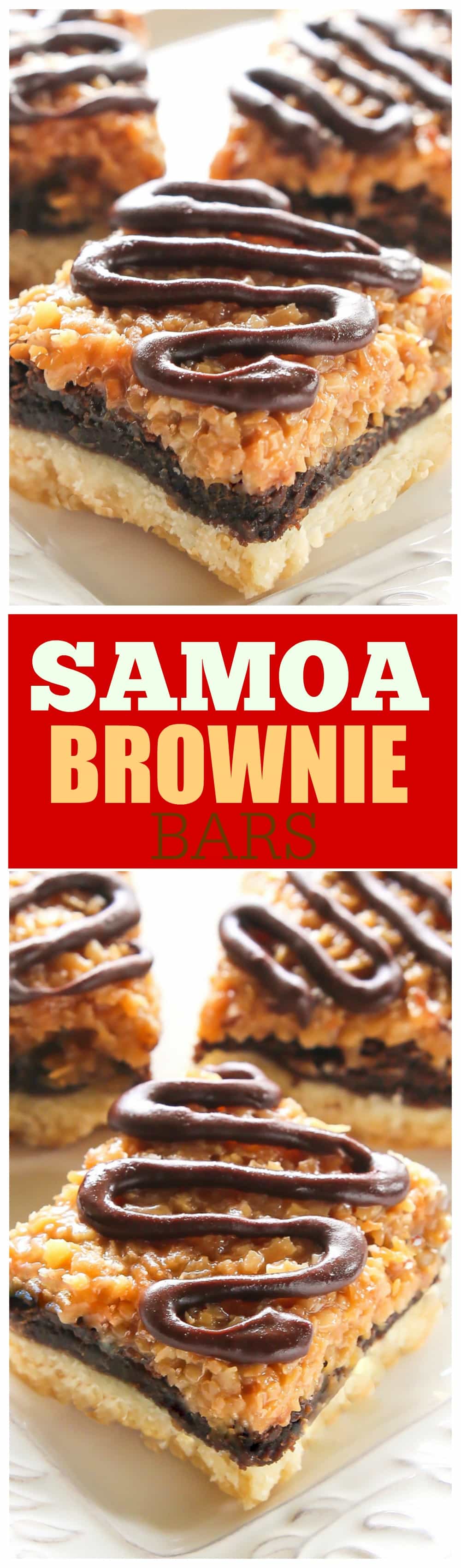 Samoa Brownie Bars - A shortbread crust topped with a brownie layer and caramel coconut inspired by the girl scout cookie. #samoa #brownies #coconut #dessert #recipe