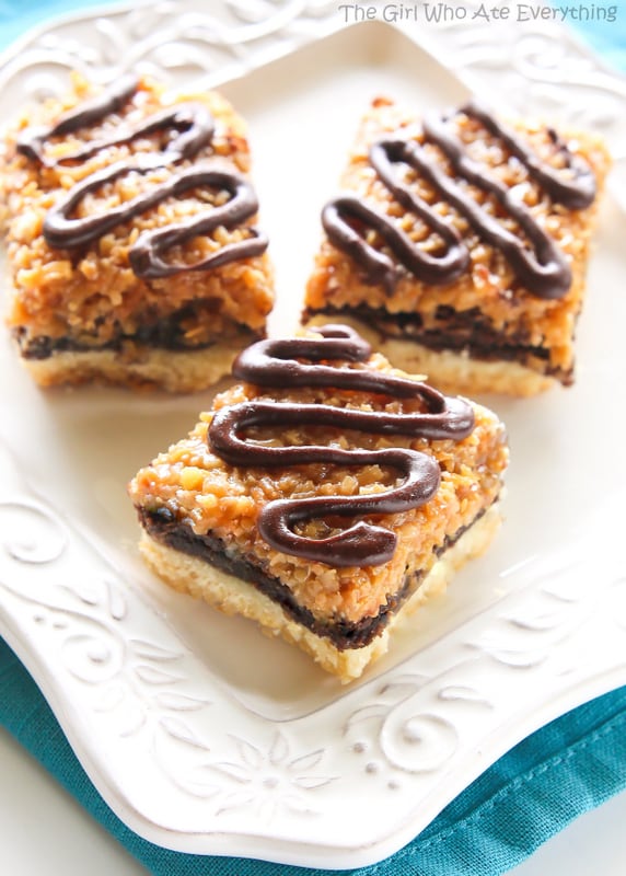 Samoa Brownie Bars - A shortbread crust topped with a brownie layer and caramel coconut inspired by the girl scout cookie. the-girl-who-ate-everything.com