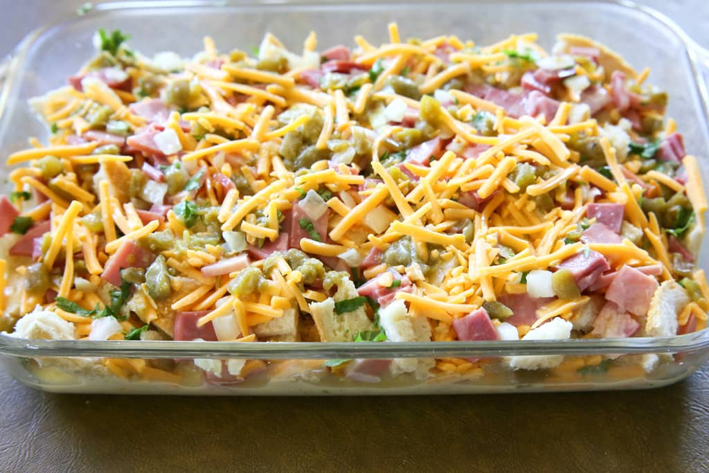 Chili and Ham Breakfast Strata - layered with sourdough, cheddar and ham. This is great for breakfast, brunch, or even dinner. 