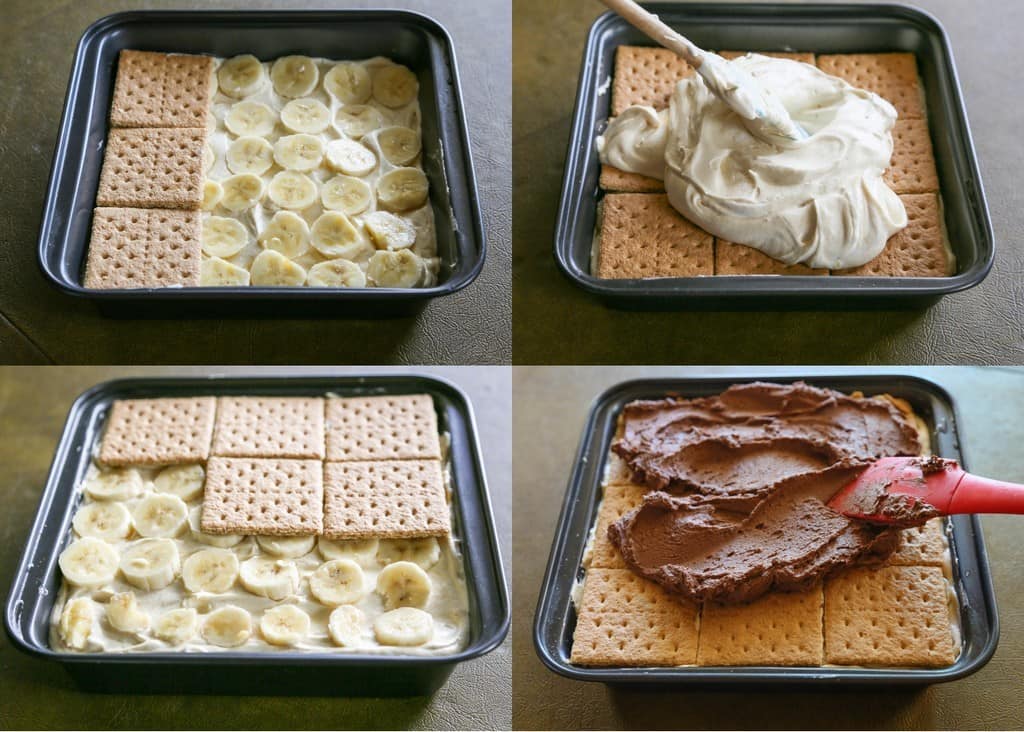 Chunky Monkey Eclair Cake - An easy no-bake dessert with layers of graham crackers, peanut butter filling, and bananas. All topped with a sweet homemade chocolate frosting. the-girl-who-ate-everything.com