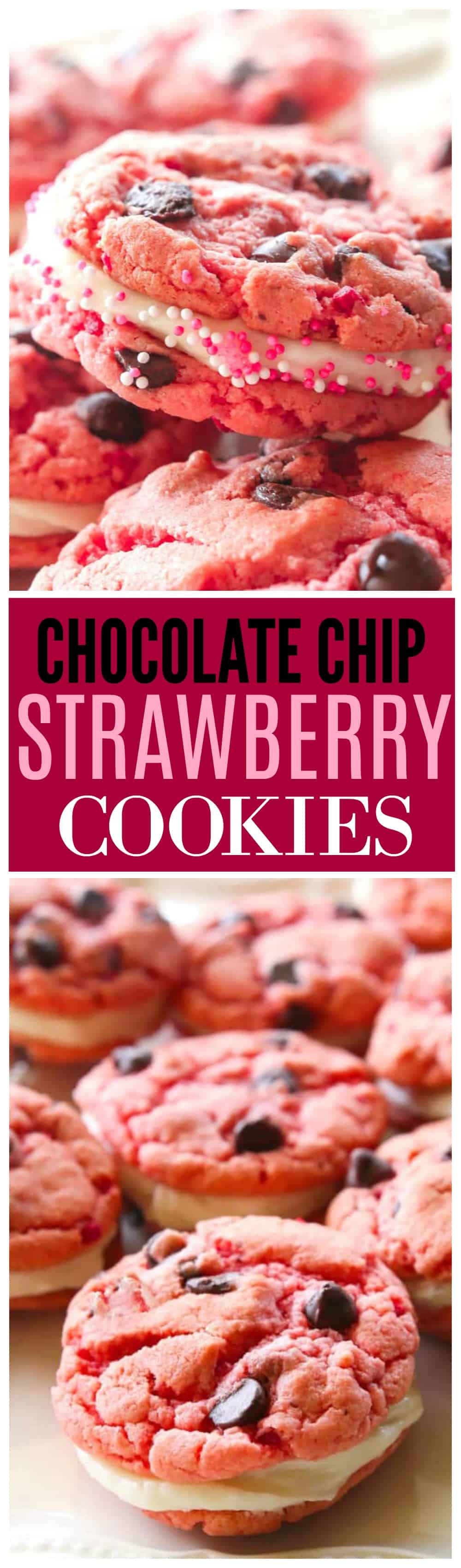 These Strawberry Chocolate Chip Oreos have a bright strawberry flavor with dots of chocolate throughout that are reminiscent of a chocolate covered strawberry. The center is filled with a cream cheese frosting that makes these cookies a real treat.&nbsp;