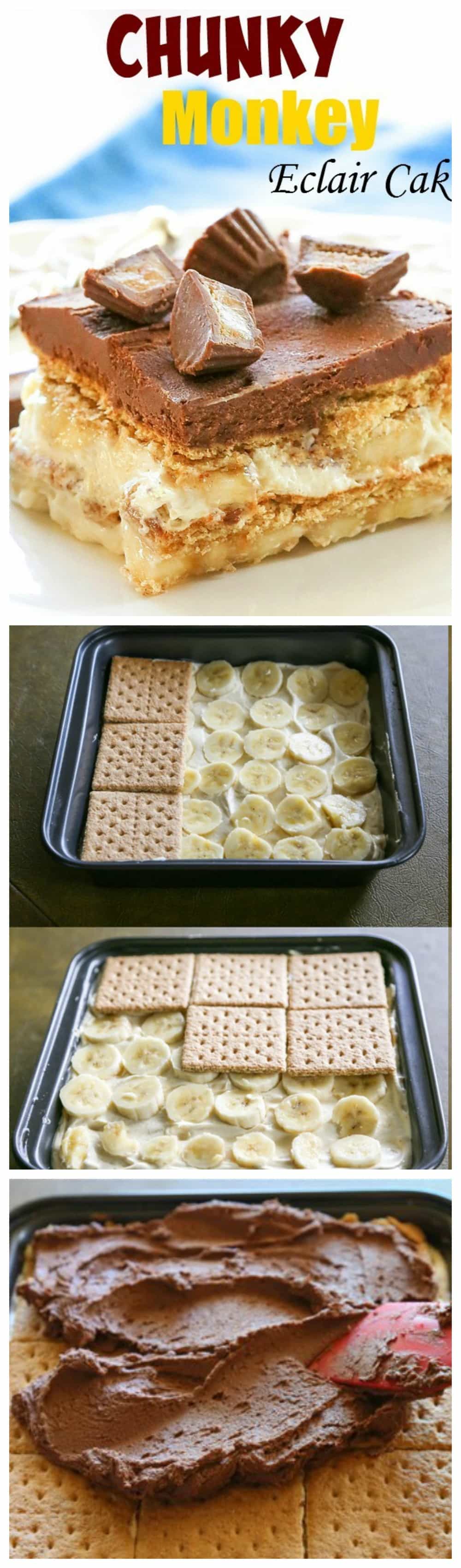 Chunky Monkey Eclair Cake - An easy no-bake dessert with layers of graham crackers, peanut butter filling, and bananas. All topped with a sweet homemade chocolate frosting. #chunky #monkey #eclair #cake #dessert #recipe