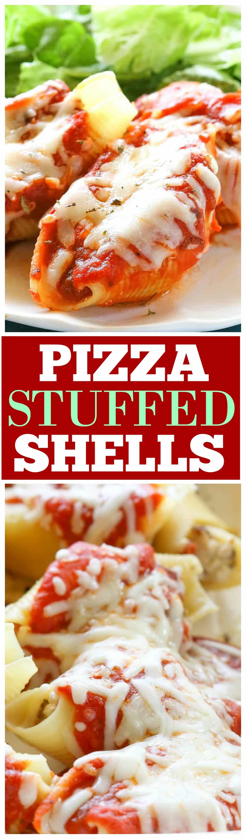 These Pizza Stuffed Shells are jumbo pasta shells stuffed with sausage, pepperoni, and cheese. Put your favorite toppings in! They can be made ahead and frozen for later. These are a total crowd pleaser. #pizza #stuffed #shells #recipe #italian #casseroles