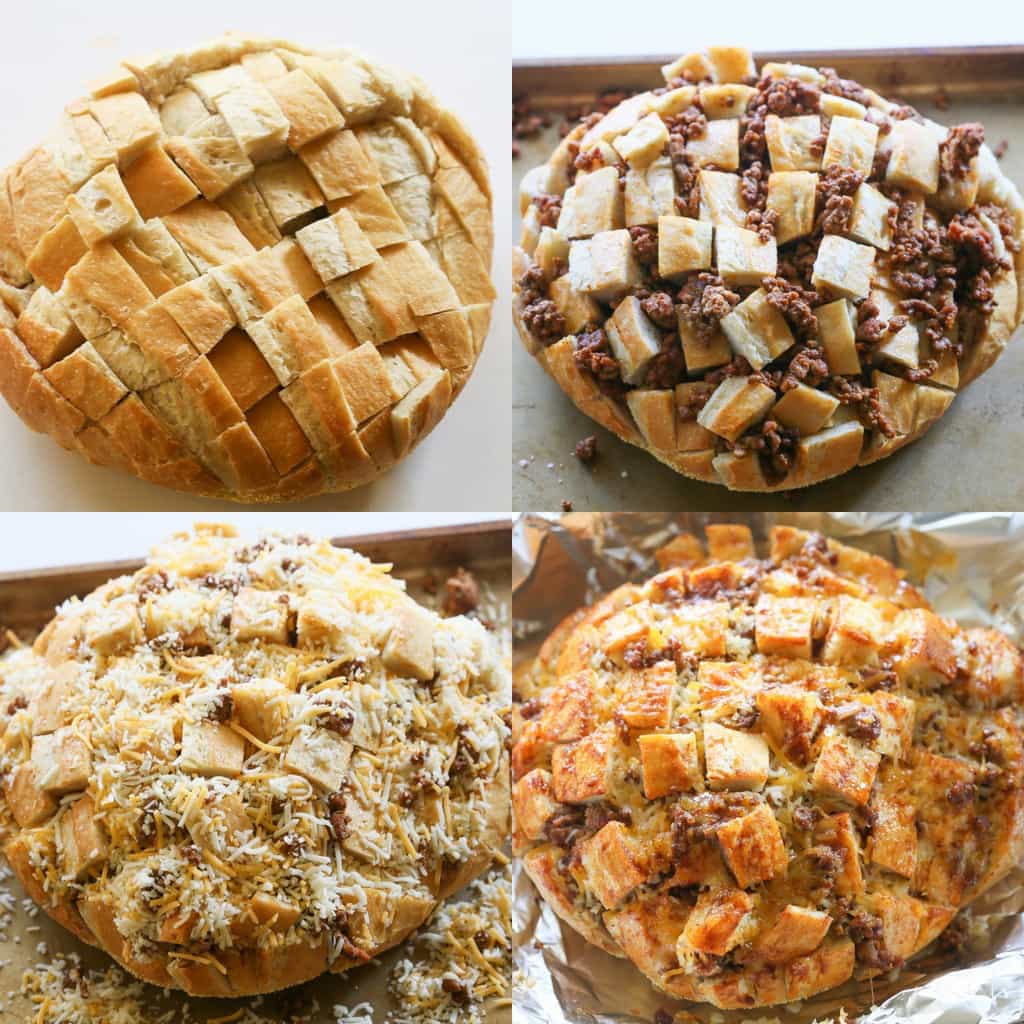 Taco Party Bread - A fun appetizer made with sourdough bread stuffed with taco meat, cheese, and topped with your favorite taco fixings. the-girl-who-ate-everything.com
