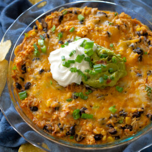 This Chicken Burrito Dip appetizer has all of the flavors of your favorite burrito but in dip form. The leftovers are great as a burrito filling! #burrito #dip #recipe