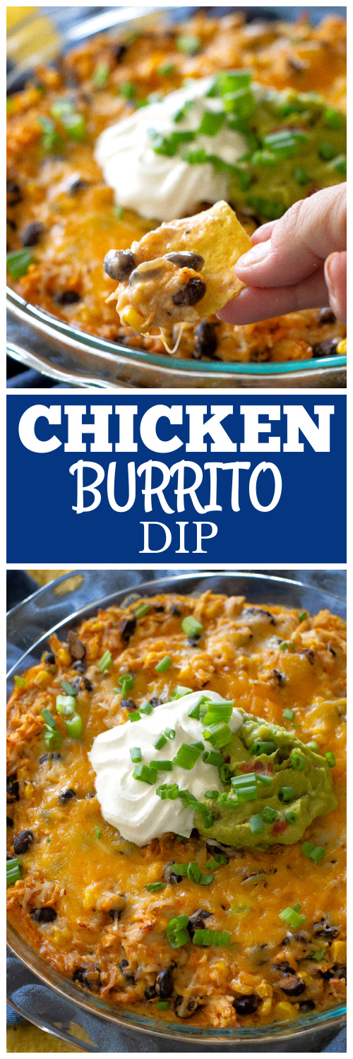 This Chicken Burrito Dip appetizer has all of the flavors of your favorite burrito but in dip form. The leftovers are great as a burrito filling! #burrito #dip #recipe