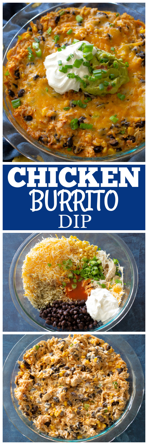 This Chicken Burrito Dip appetizer has all of the flavors of your favorite burrito but in dip form. The leftovers are great as a burrito filling! #burrito #dip #recipe