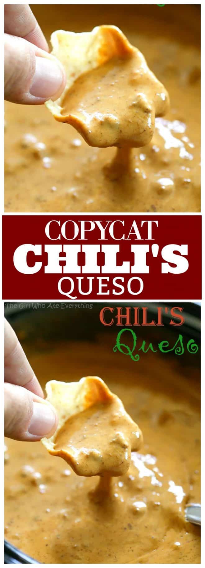This is a copycat version of Chili's Queso Dip which is one of my family's favorites. Throw this Chili's Queso Dip together in the slow cooker or heat on the stove, either way it's a quick crowd pleasing appetizer. the-girl-who-ate-everything.com