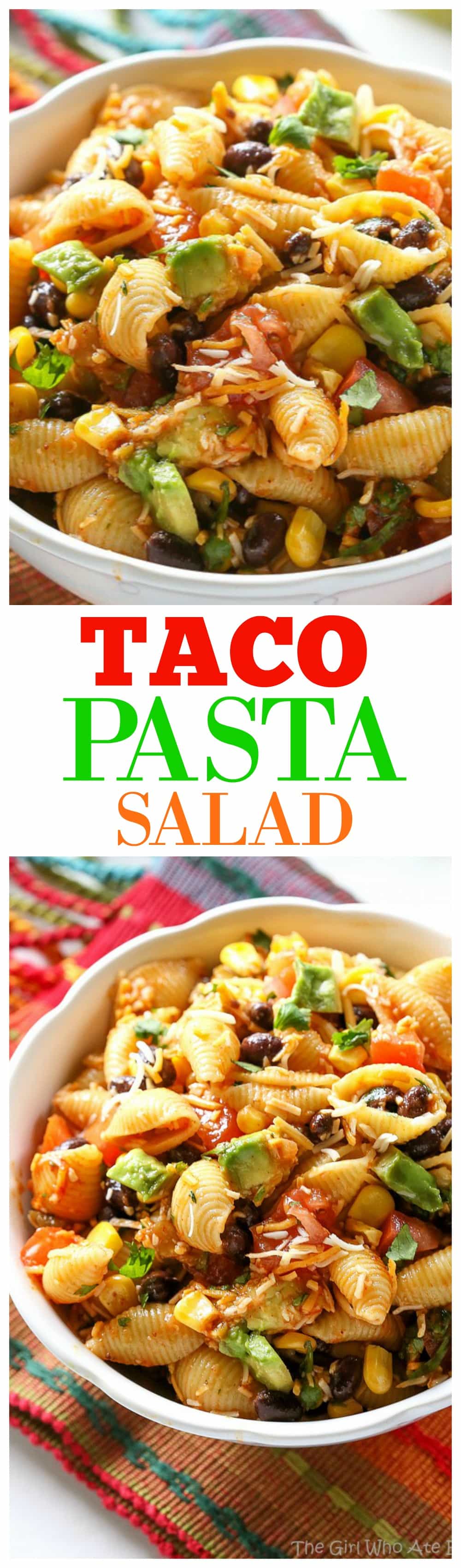 This Taco Pasta Salad is a potluck favorite! It's a Southwest pasta salad recipe filled with black beans, corn, cilantro, avocados, and tomatoes. #cincodemayo #salad #taco #mexican