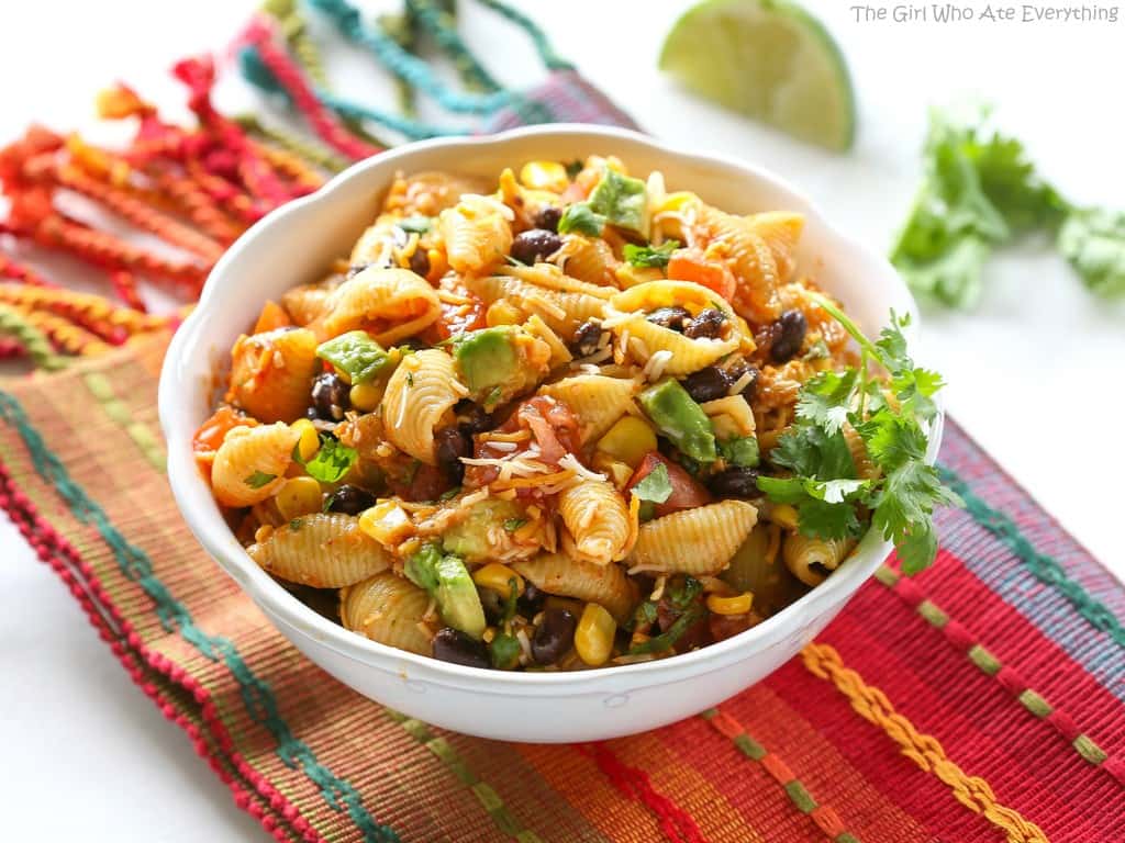 taco pasta salad in a white bowl