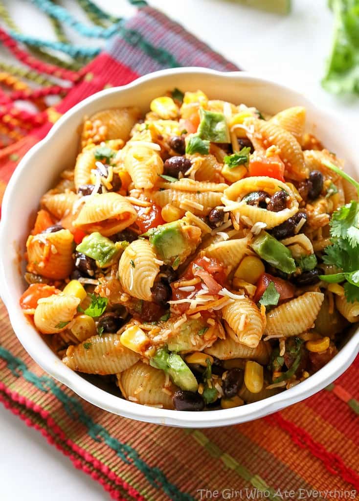 taco pasta salad in a white bowl