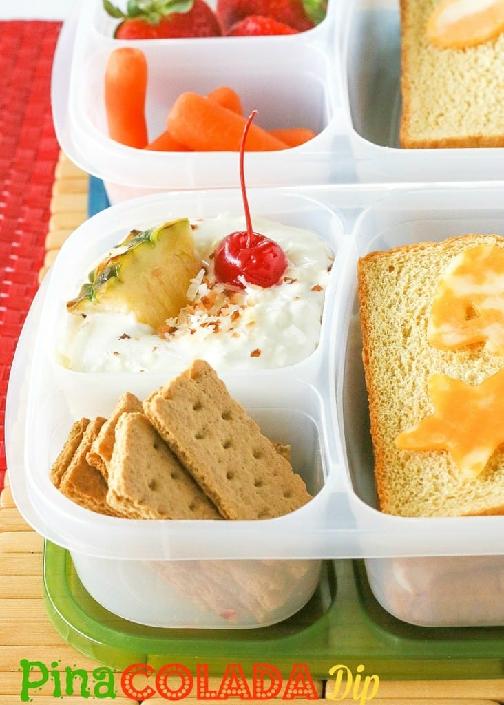 Pina Colada Dip - creamy dip with a tropical twist. Dip fruit or graham crackers in it. Great for a lunch box or after school snack. the-girl-who-ate-everything.com