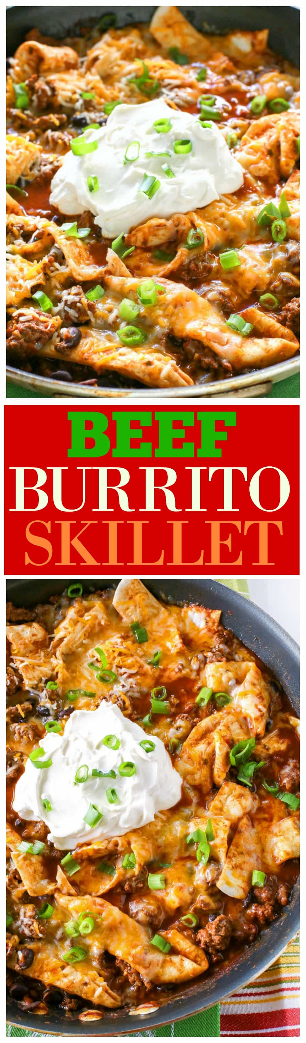 This Easy Beef Burrito Skillet has beef, black beans, salsa, and tortillas all cooked in one skillet. The tortillas turn soft and almost like a dumpling. This tasty dish is done in less than 20 minutes. the-girl-who-ate-everything.com