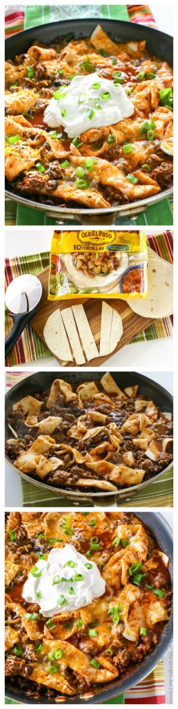 This Easy Beef Burrito Skillet has beef, black beans, salsa, and tortillas all cooked in one skillet. The tortillas turn soft and almost like a dumpling. This tasty dish is done in less than 20 minutes. the-girl-who-ate-everything.com