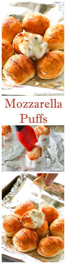 Mozzarella Puffs - dough stuffed with cubes of mozzarella cheese and brushed with pizza sauce. You could also add some pepperoni inside! These are so quick and easy. the-girl-who-ate-everything.com