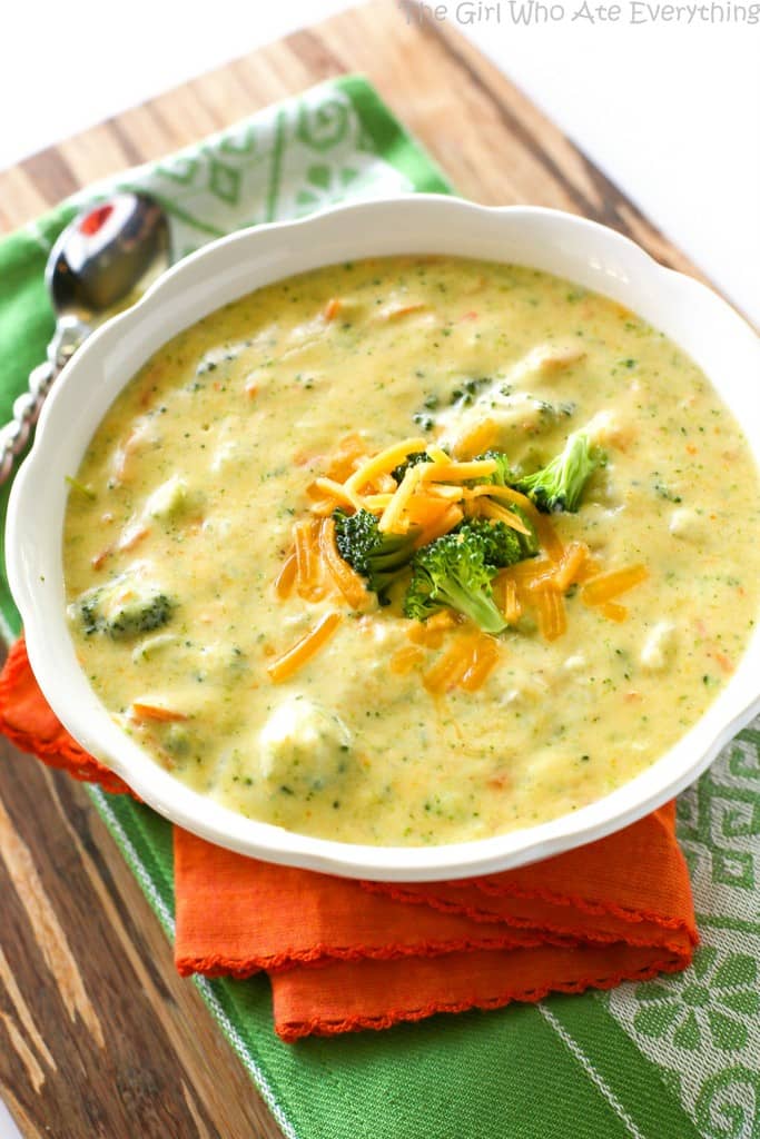 Panera's Broccoli Cheddar Soup on a green napkin