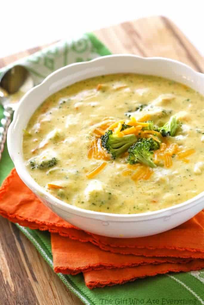  Broccoli Cheddar Soup in a white bowl