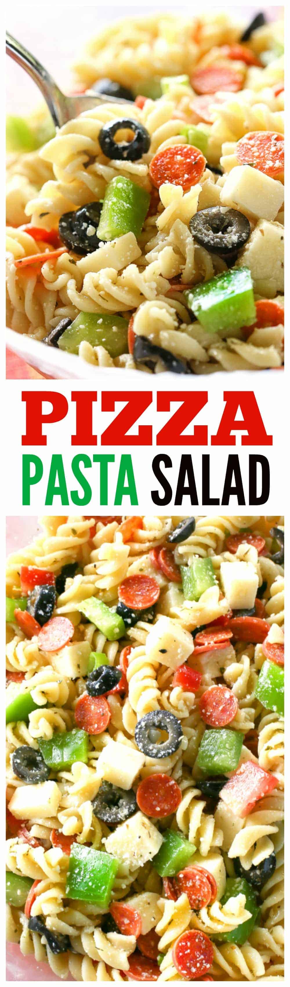 Pizza Pasta Salad has all the flavors of a delicious pizza in a pasta salad. Mini pepperonis, olives, green bell pepper, cubes of cheese, tomato - all tossed in a vinaigrette. A potluck favorite! #pizza #pasta #salad #potluck #bbq #sidedish