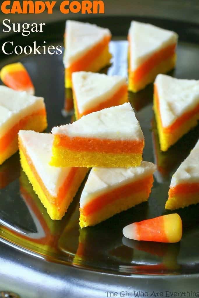 Candy Corn Sugar Cookies - they don't taste like candy corns but look like the cute treat! the-girl-who-ate-everything.com