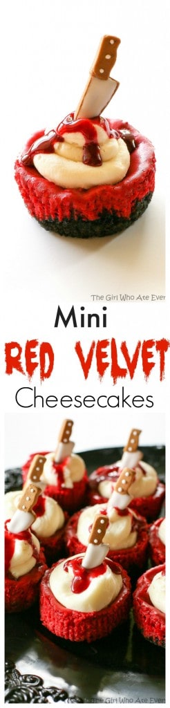 Mini Red Velvet Cheesecakes - moist red velvet cheesecake with an Oreo crust. Topped with cream cheese for the ultimate indulgence. Add some edible blood for a dramatic Halloween dessert. #halloween #red #velvet #cheesecakes