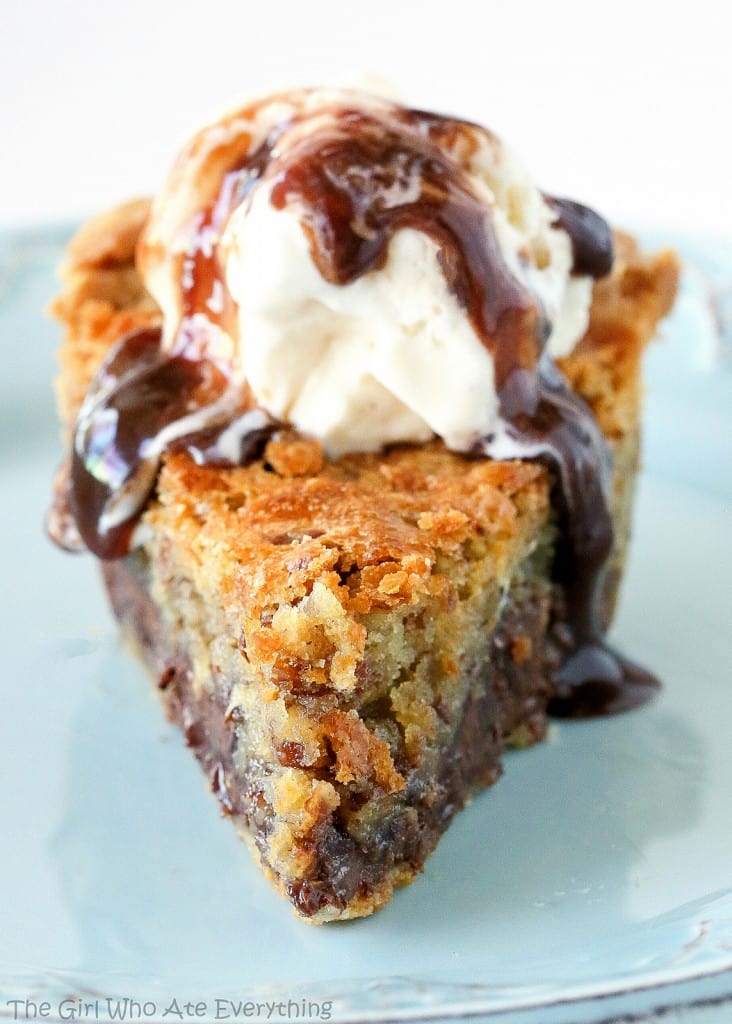 Chocolate Chip Pie - one of our favorite pies ever. Basically a chocolate chip cookie in a pie. So good! the-girl-who-ate-everything.com