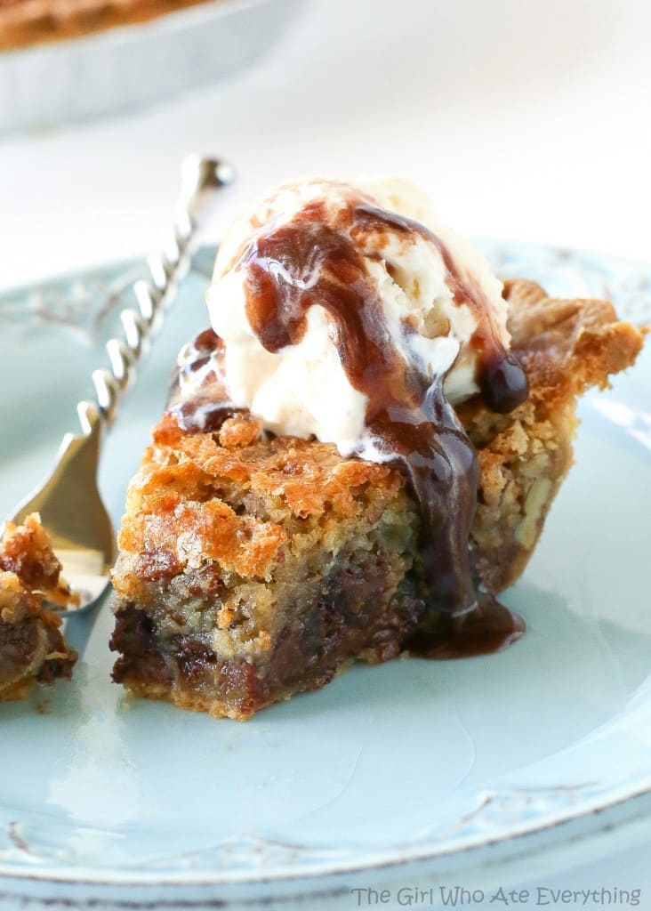 Chocolate Chip Pie - one of our favorite pies ever. Basically a chocolate chip cookie in a pie. So good! the-girl-who-ate-everything.com