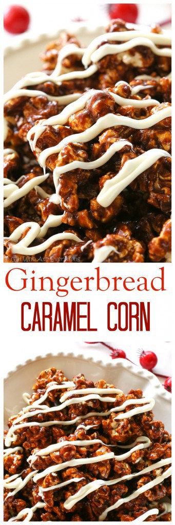 Gingerbread Caramel Popcorn - a crunchy popcorn with festive holiday flavors and drizzled with almond bark. A great neighbor gift for Christmas! the-girl-who-ate-everything.com