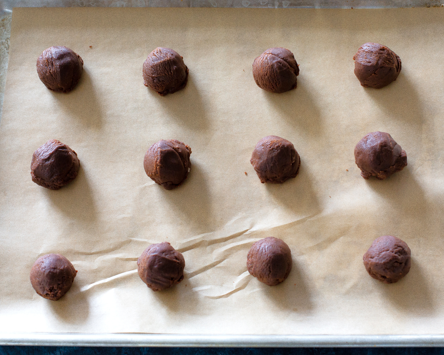andes mint cookie dough on a baking sheet