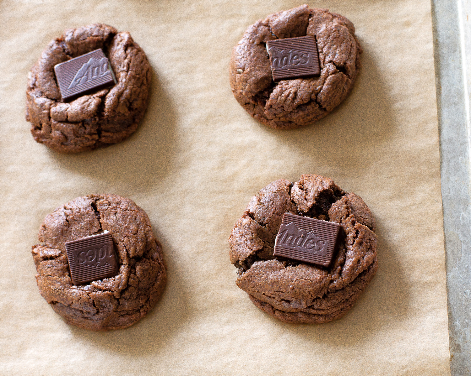 andes mint cookies on a baking sheet