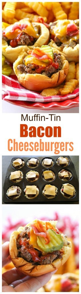 Muffin-Tin Bacon Cheeseburgers - no drive through needed to eat these delicious handheld burgers. #beef #bacon #cheeseburgers #dinner