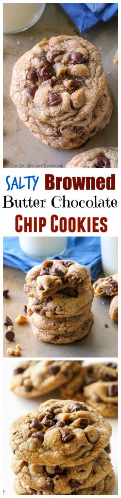 These Salty Browned Butter Chocolate Chip Cookies are your classic chocolate chip cookie with a nutty browned butter flavor and little specs of sea salt throughout. #chocolate #chip #cookies #brownedbutter #recipe