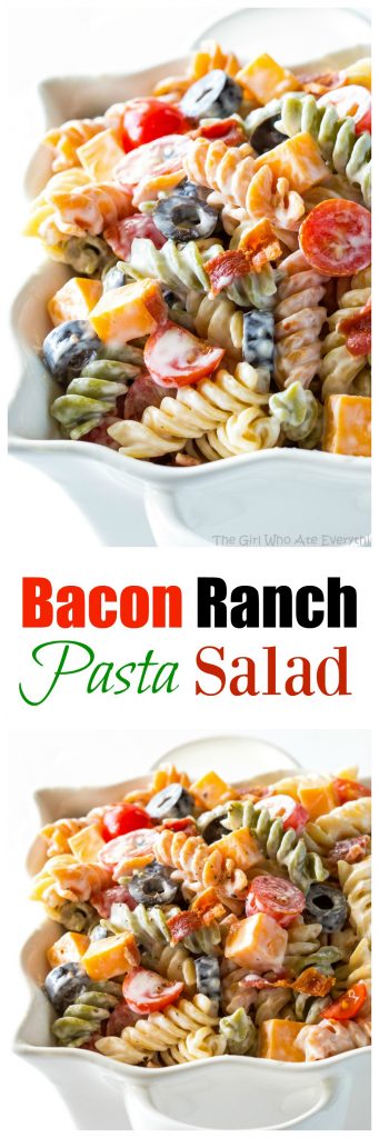 Bacon Ranch Pasta Salad - flavorful pasta salad with cheddar cheese, olives, tomatoes, and bacon. Covered in a creamy ranch sauce. #bacon #ranch #pasta #salad #potluck #recipe