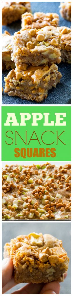 Apple Snack Squares - a dense apple and walnut square that is topped with butterscotch chips. the-girl-who-ate-everything.com