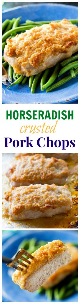 Horseradish Crusted Pork Chops - pork chops topped with a tangy, buttery, breadcrumb topping. the-girl-who-ate-everything.com