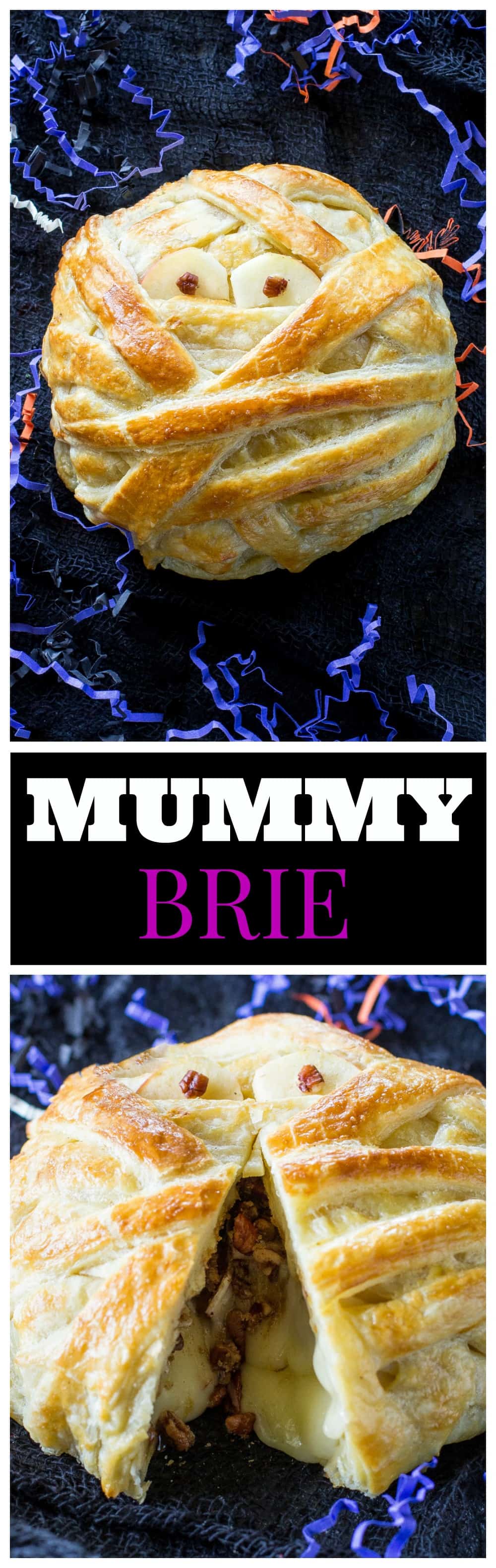 Mummy Wrapped Brie - topped with brown sugar and cinnamon pecans, baked inside puff pastry until nice and gooey. #halloween #appetizer #baked #mummy #brie