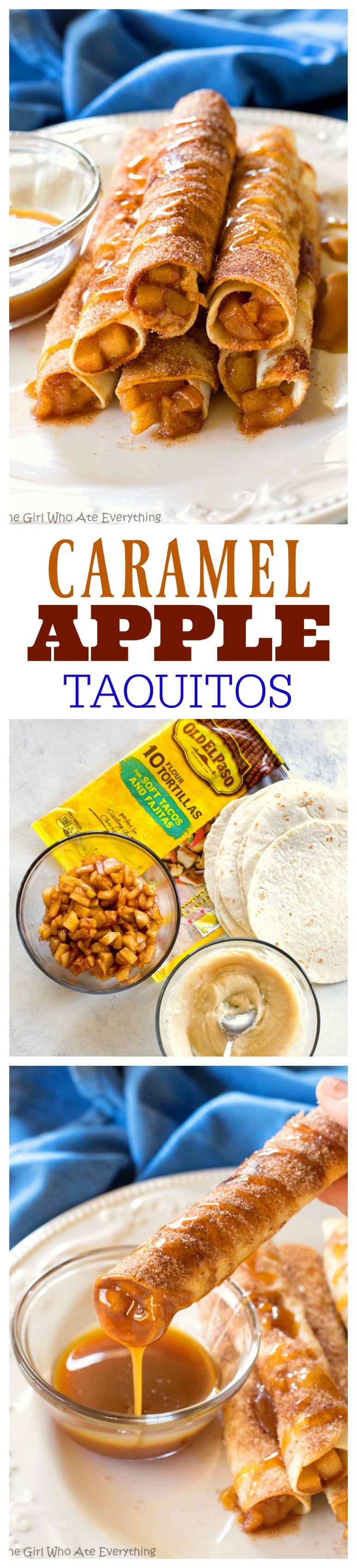 Creamy Caramel Apple Taquitos - filled with cinnamon apples, caramel, and cream cheese, rolled in cinnamon sugar and drizzled with caramel. the-girl-who-ate-everything.com
