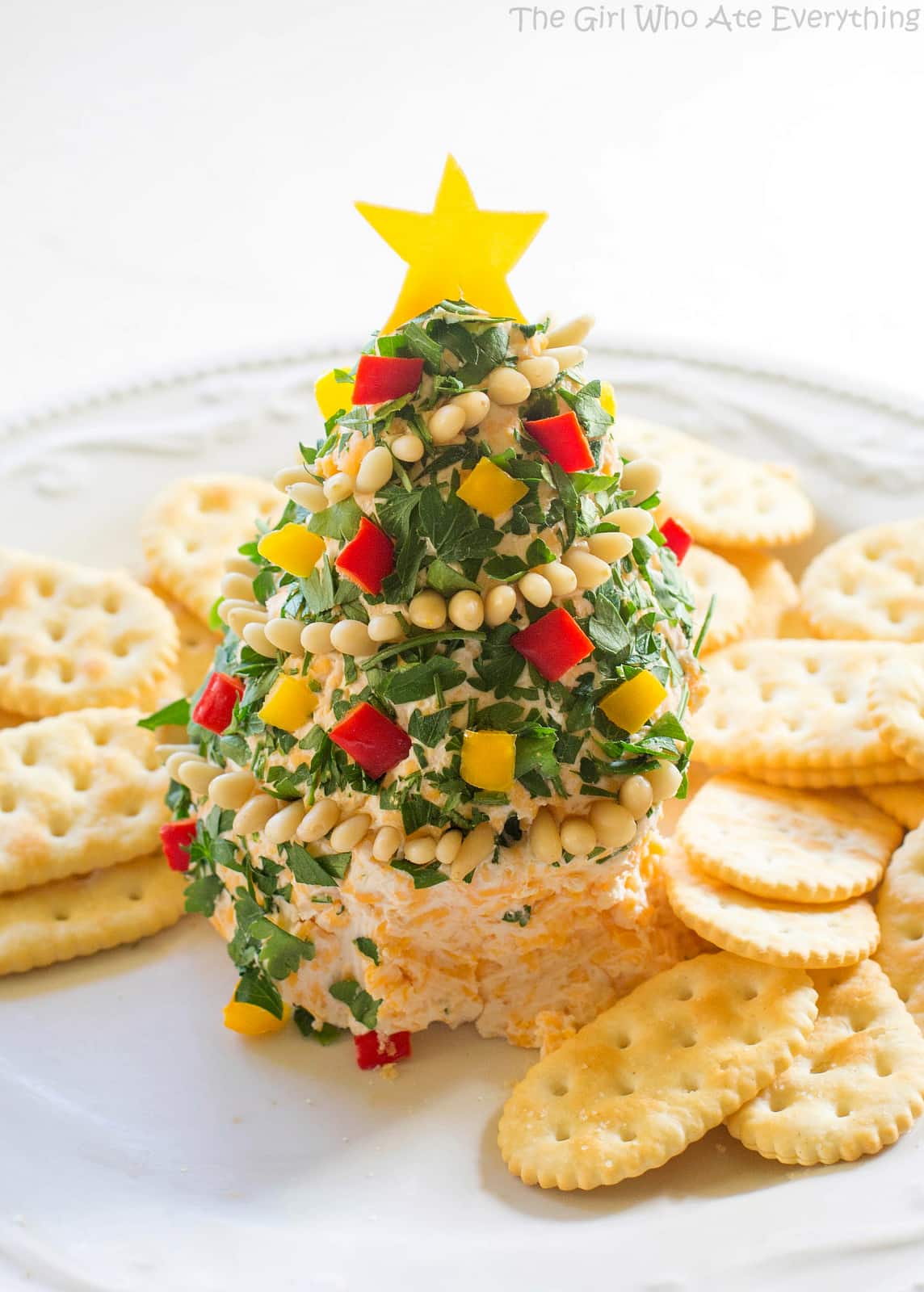 Christmas Cheese Tree - super simple yet impressive cheese ball shaped in a tree! the-girl-who-ate-everything.com