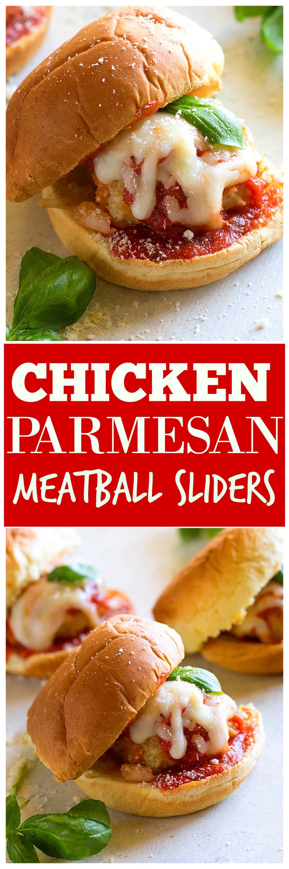 Chicken Parmesan Meatball Sliders - so easy and always a crowd pleaser. #chicken #parmesan #meatball #sliders #recipe