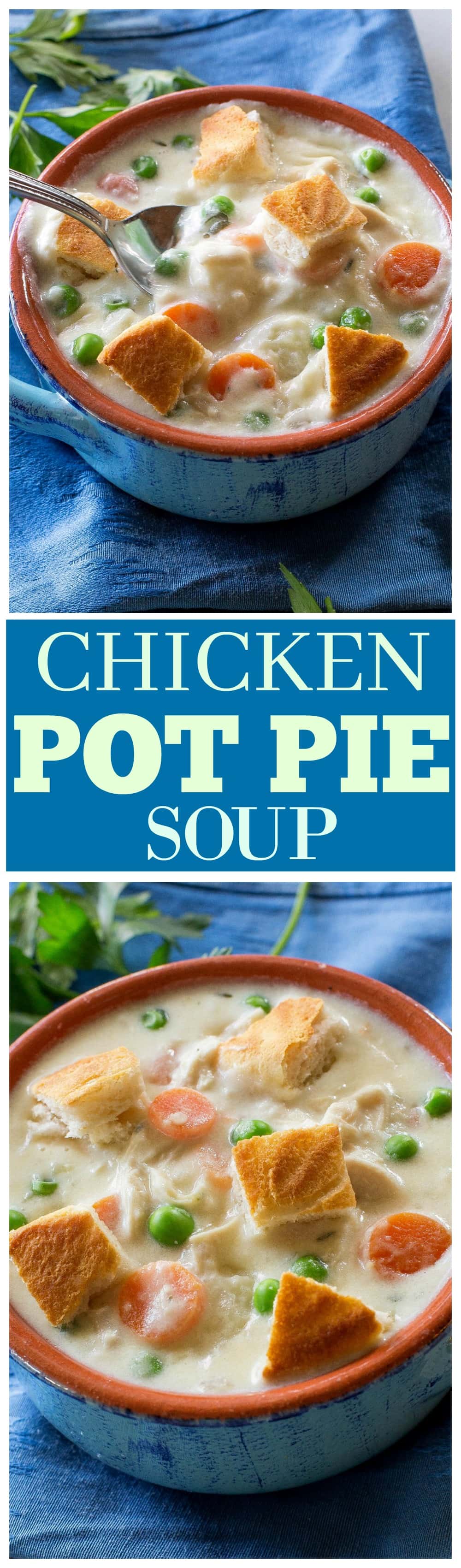 Chicken Pot Pie Soup - creamy pot pie soup with carrots, peas and potatoes. Seasoned to perfection! #chicken #pot #pie #soup #dinner #recipe