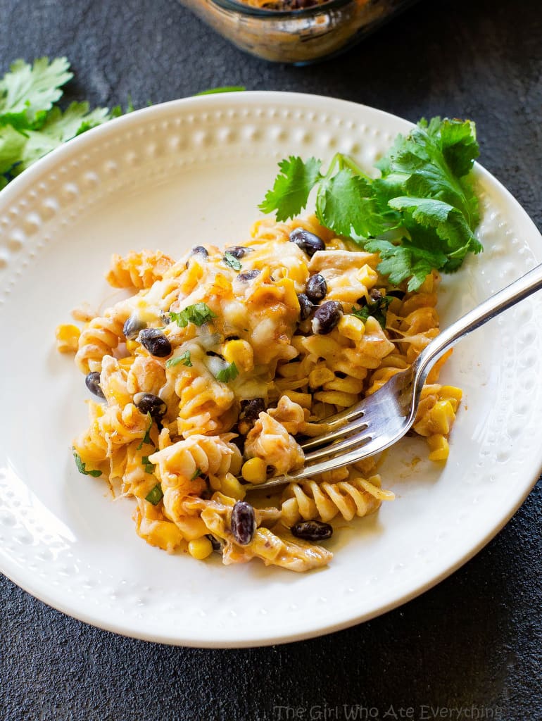 Fiesta Chicken Pasta Bake - creamy, spicy, cheesy...your family will love this easy Mexican dinner. the-girl-who-ate-everything.com