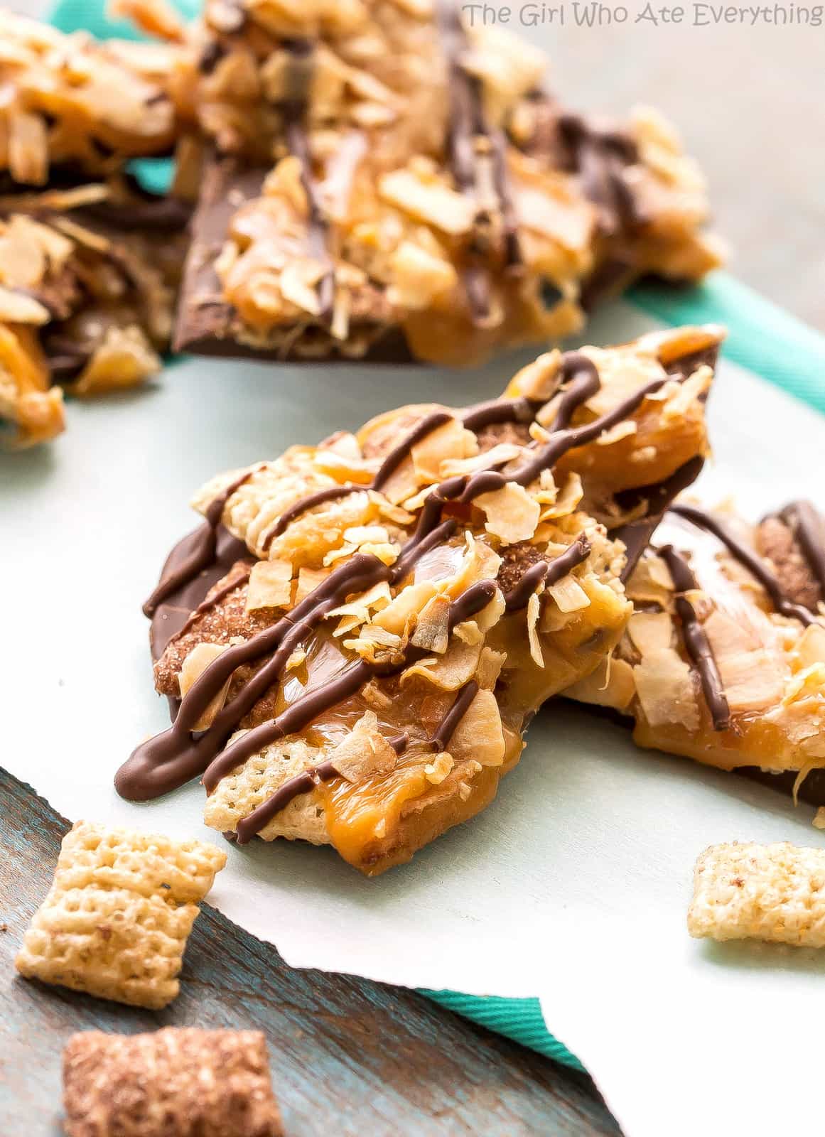 This Salted Caramel Chocolate Coconut Bark reminds me of a Samoa cookie! A fast and easy dessert! the-girl-who-ate-everything.com