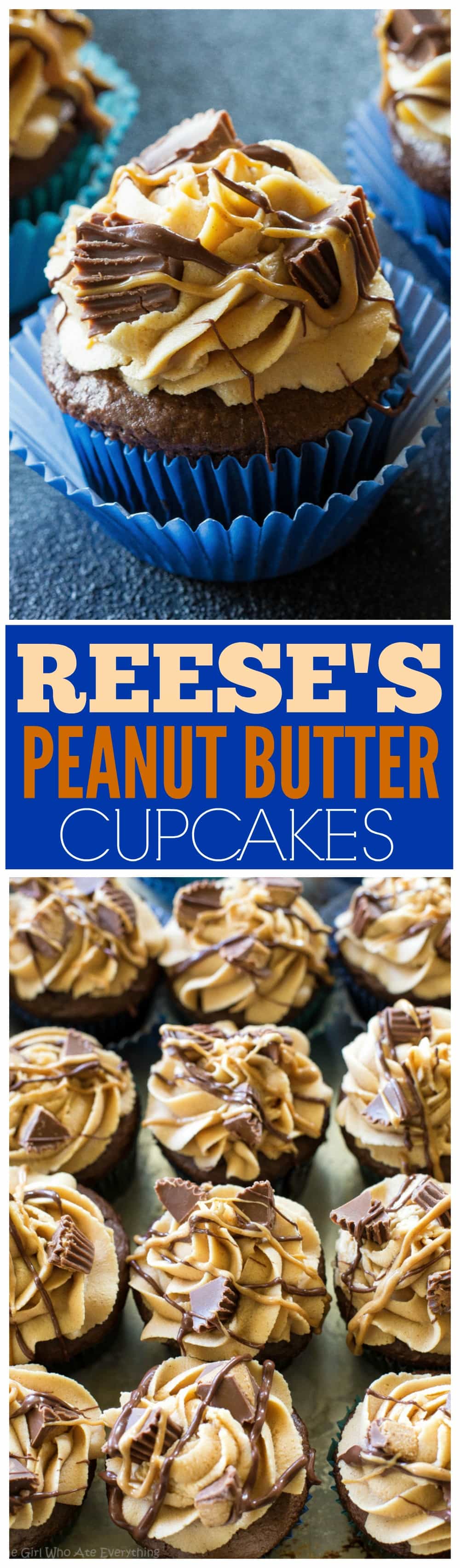 Reese's Peanut Butter Cupcakes - stuffed with Reese's Peanut Butter Cups and topped with a peanut butter frosting. #peanut #butter #cupcakes #dessert #recipe