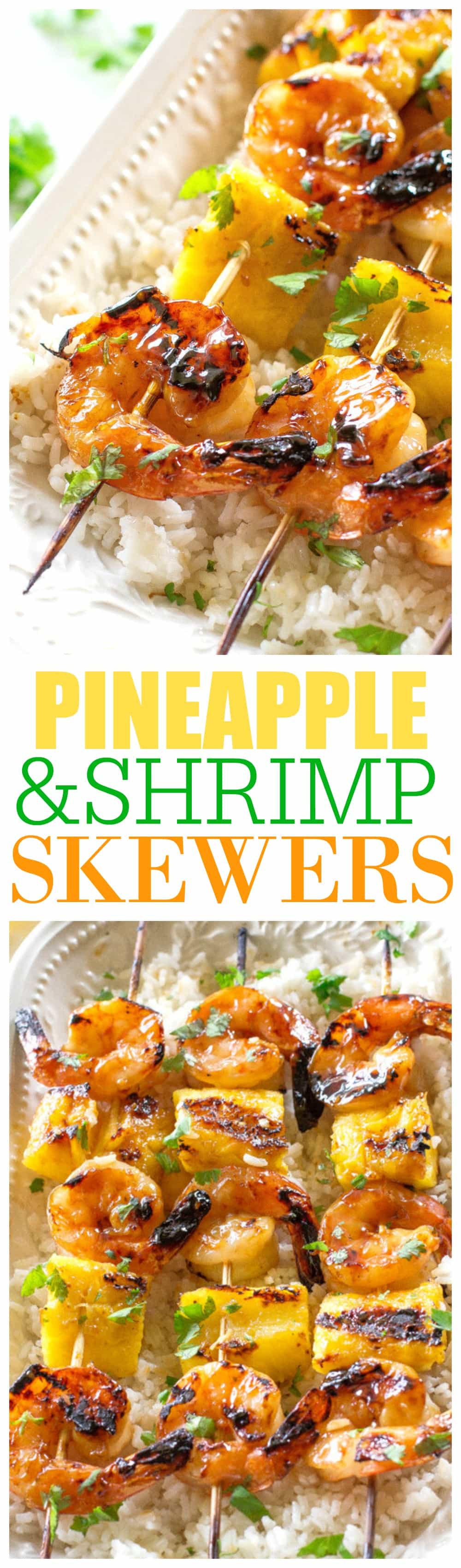 These Grilled Shrimp and Pineapple Skewers are served over coconut rice and have a sweet Teriyaki glaze. #grilled #shrimp #pineapple #coconut #rice
