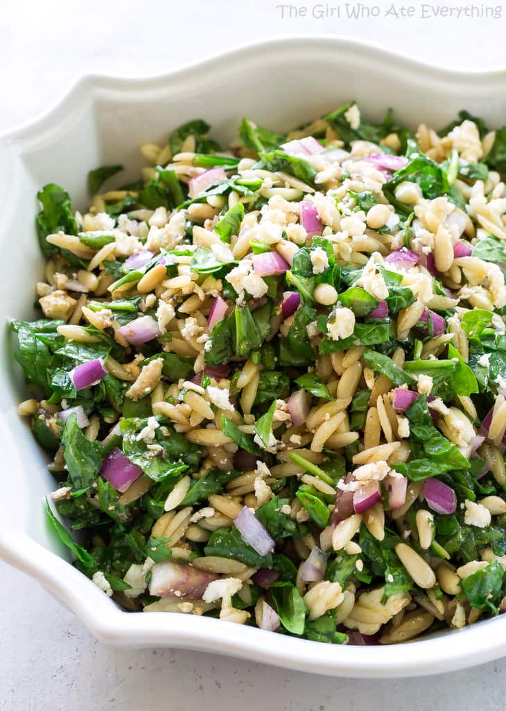 Spinach, Feta, and Orzo Salad - tossed in a balsamic vinaigrette. the-girl-who-ate-everything.com 