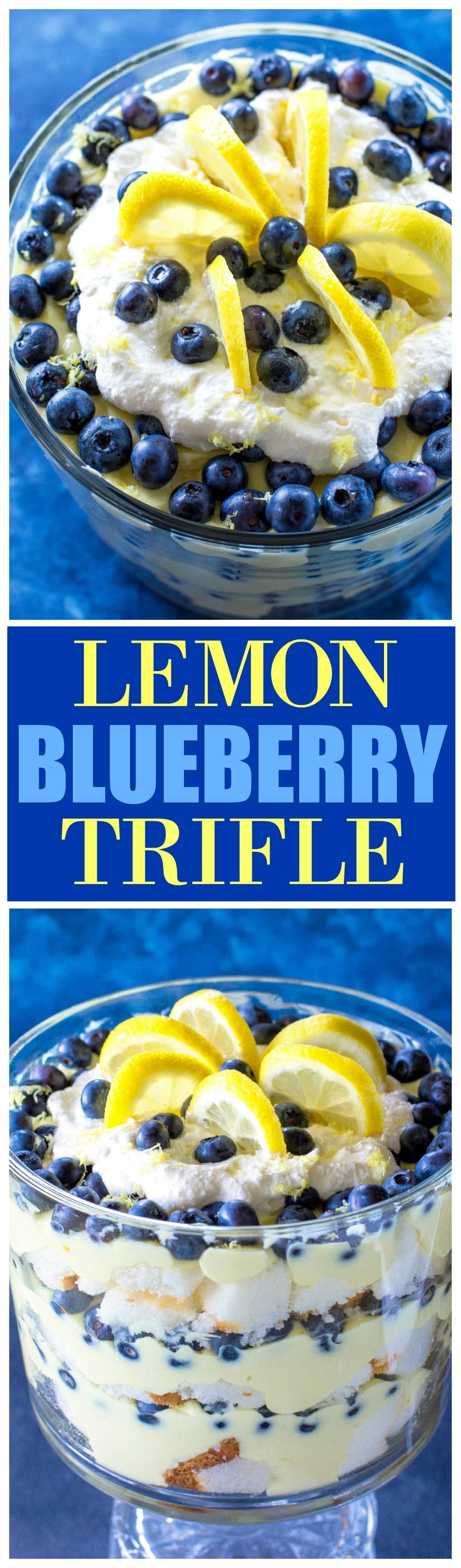 This Lemon Blueberry Trifle is layers of angel food cake, lemon pudding, and blueberries. A crowd pleasing dessert! #blueberry #lemon #trifle #dessert #recipe