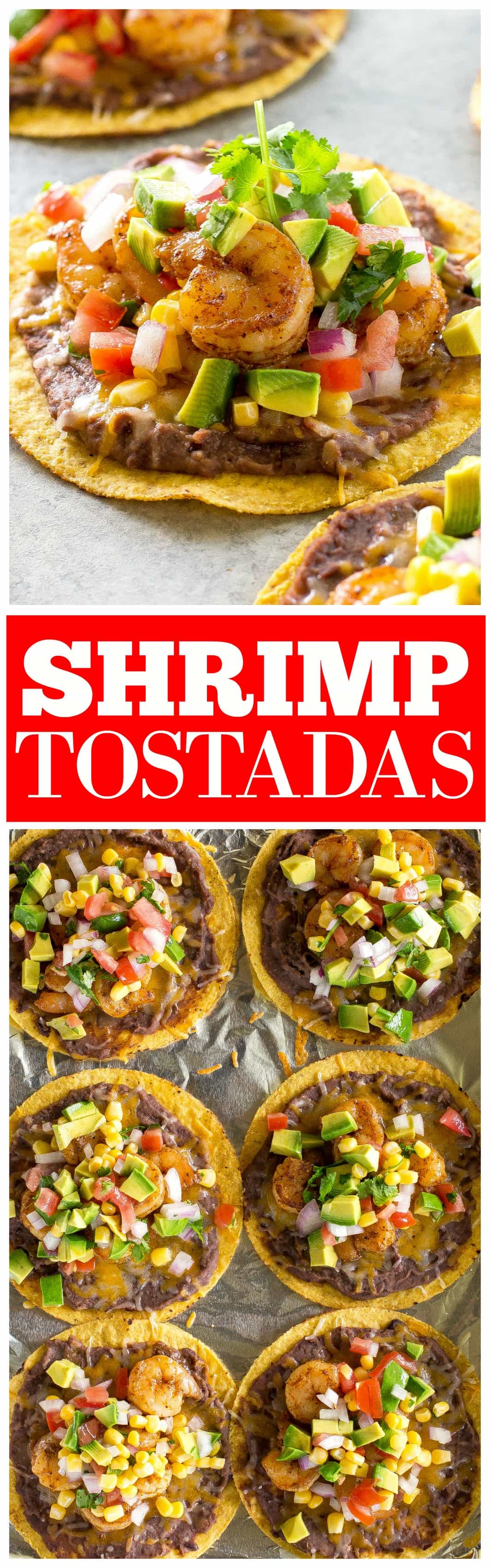 Shrimp Tostadas with black beans, avocado, onions, tomatoes, and cilantro. #shrimp #tostadas #recipe #mexican #dinner